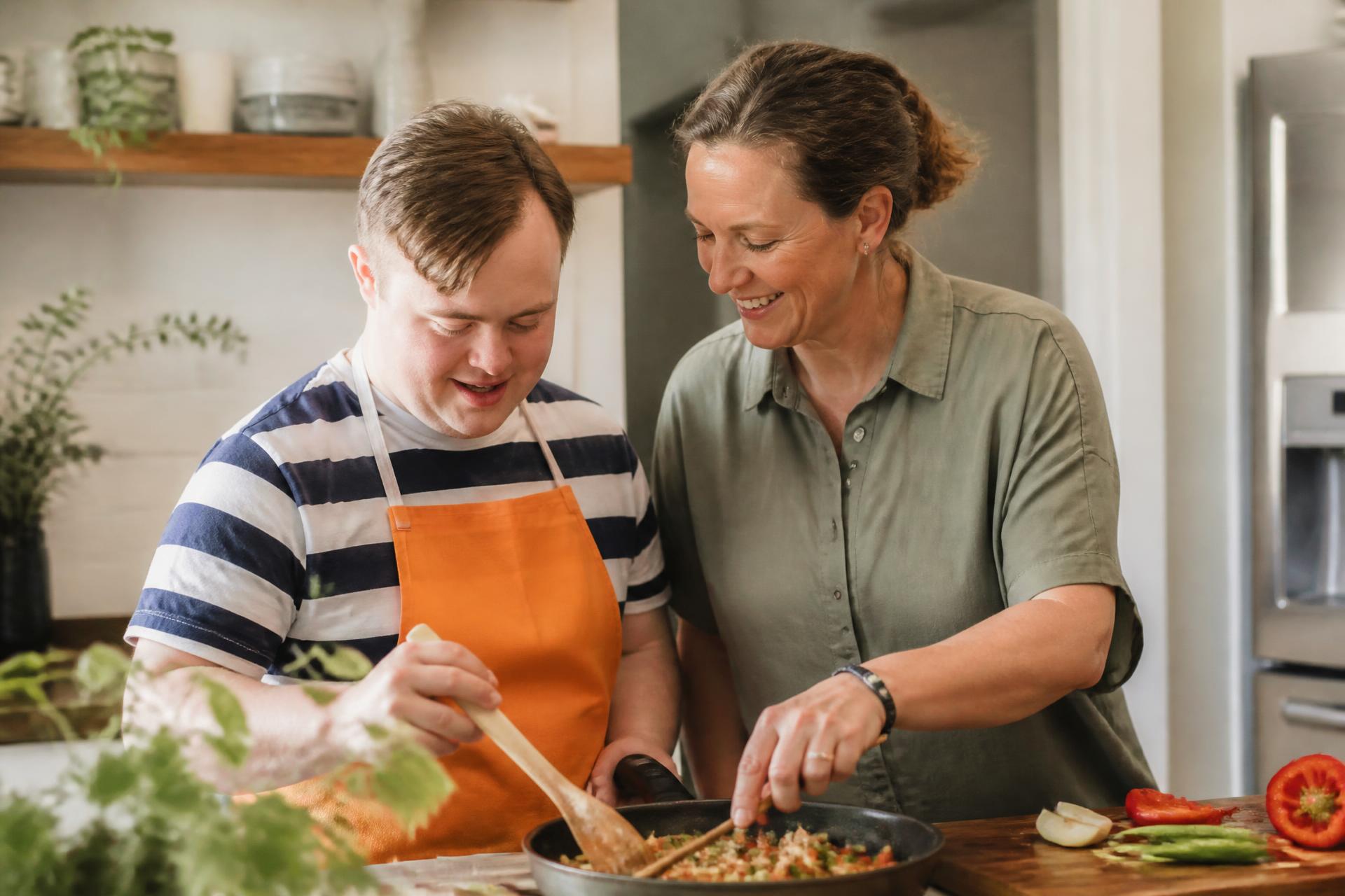 An adult and a support professional preparing dinner together in a bright home kitchen