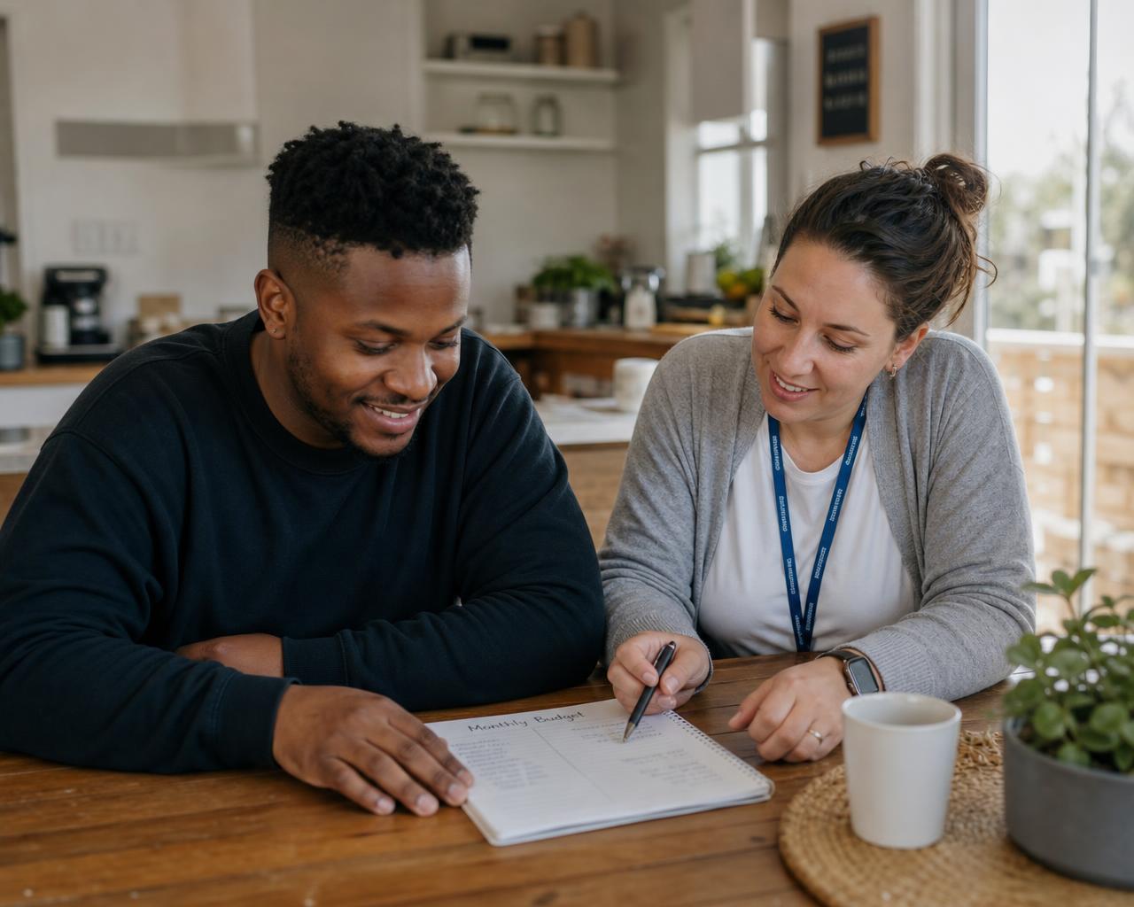 A support professional and an adult reviewing a personal budget together at a kitchen table